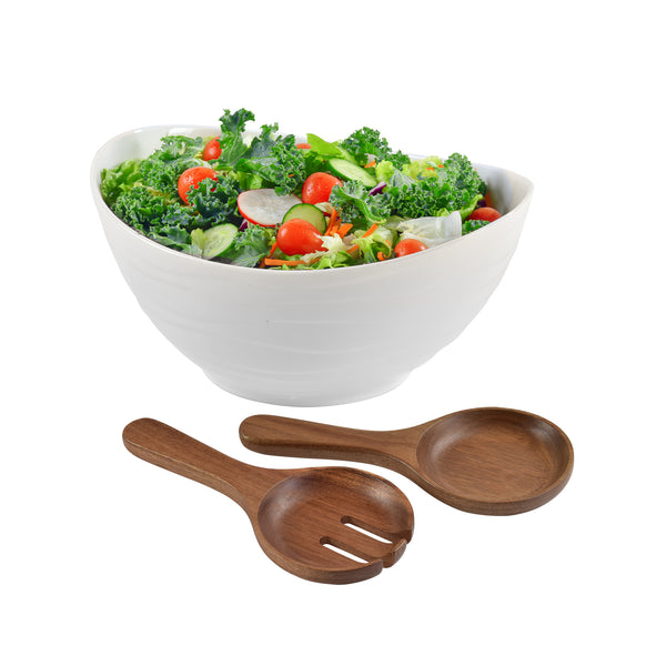 KITEISCAT Extra Large Elegant Ceramic Oval Salad Bowl Set with Acacia Wood Salad Serving Utensils